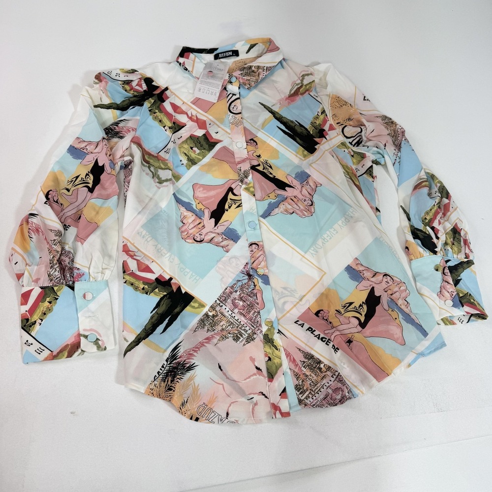 BTFBM Shirt Womens XL Multicolor‎ Travel Print Button Up Long Sleeve Blouse
